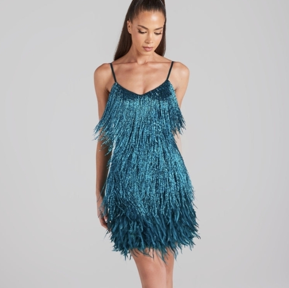 NWT Nadine Merabi Lottie Teal Blue Beaded Feather Mini Dress Sz Small/4 - Picture 1 of 13